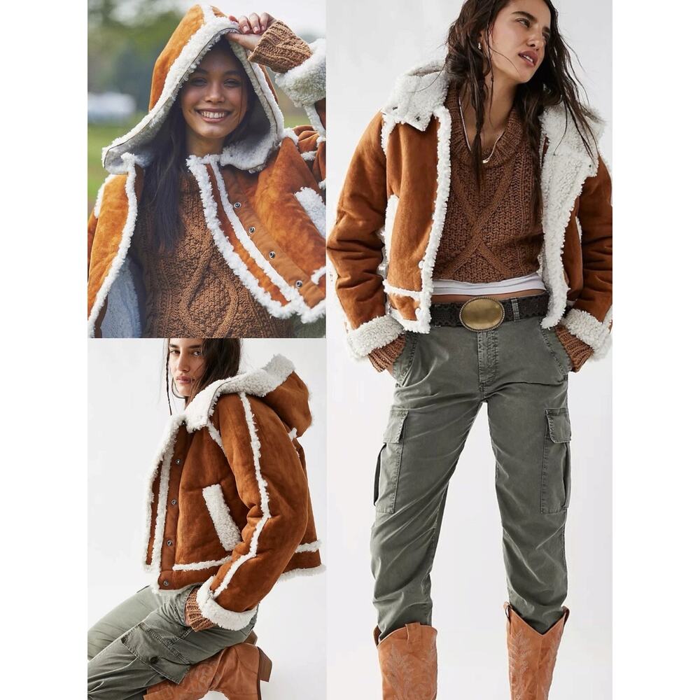 Free People Western Bohemian Vegan Suede Exchange Shearling Jacket Coat Large